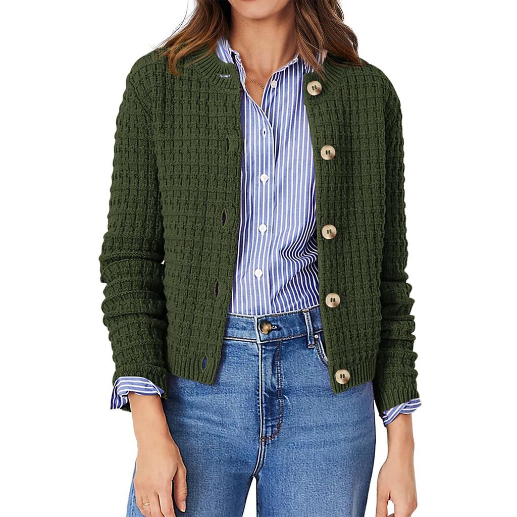 Women's Fashionable Solid Color Long Sleeved Button Knit Cardigan Casual Sweater Jacket