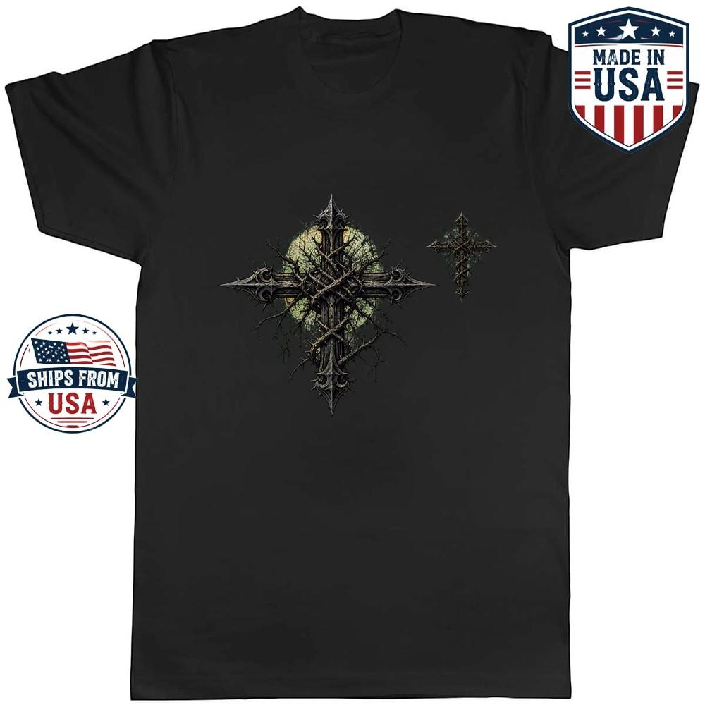 Gothic Thorn Cross Graphic T-Shirt Religious Dark Symbol