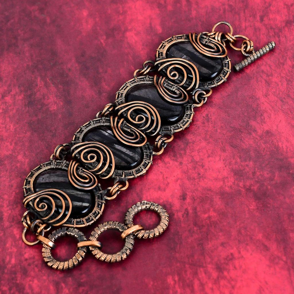 Pulseira de Hiperstena pulseira de pedra preciosa enrolada em fio de cobre joias de cobre únicas pulseira com corrente ajustável joias de cobre feitas à mão com enrolamento de fio