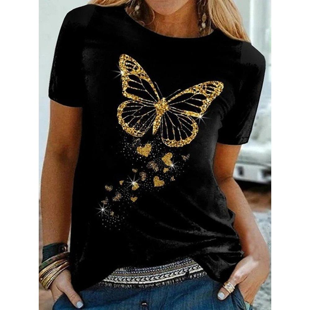 

Golden Butterfly Print Women T Shirt Short Sleeve O Neck Women Tshirt M