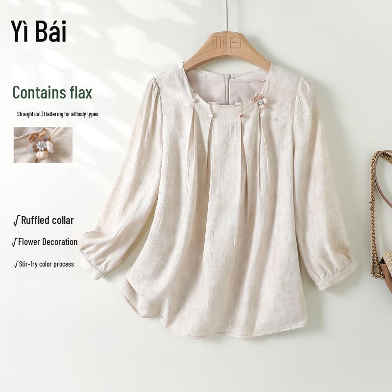 Women s Linen Blend Round Neck Pleated Commuter Shirt L