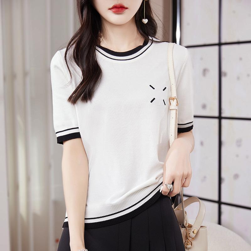 Round Neck Color-blocking Ice Silk Knitted Short-sleeved Women's Summer Thin Style Beautiful Temperament T-shirt New Loose and Versatile Half-sleeved