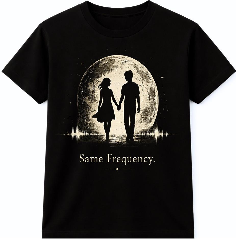 Couple T Shirt On Same Frequency Moon Silhouette Romantic Love Graphic Tee Top M