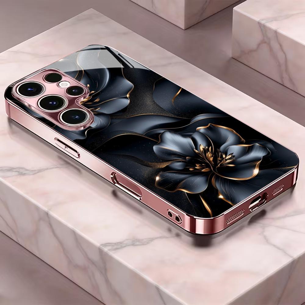 Schwarze Blumen Handyhülle Glas-Handyhülle für Samsung Galaxy S26 22 23 24 25 PLUS S21 22 23 24 25 ULTRA