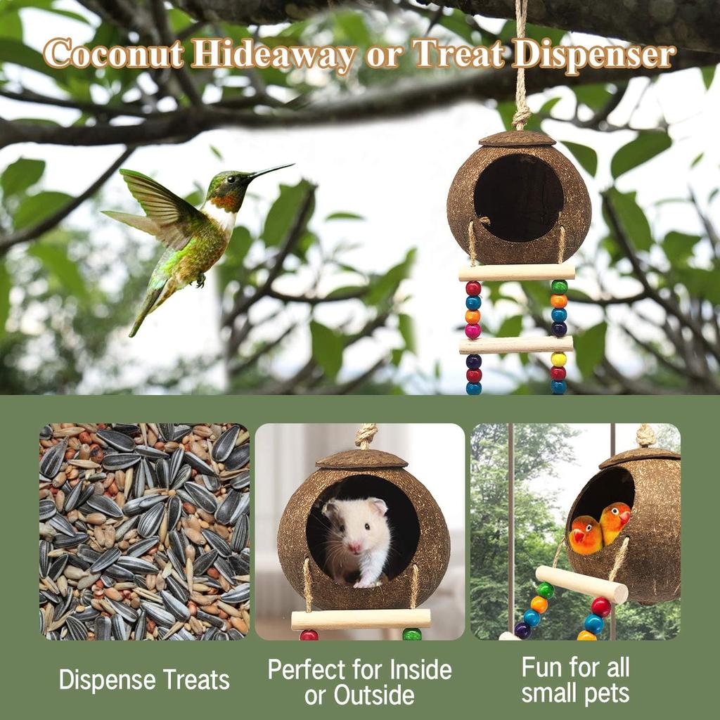 Hanging Coconut Bird House with Ladder,Natural Coconut Fiber Shell Bird Nest for Parrot Parakeet Lovebird Finch Canary,Coconut Hide Bird Swing Toys