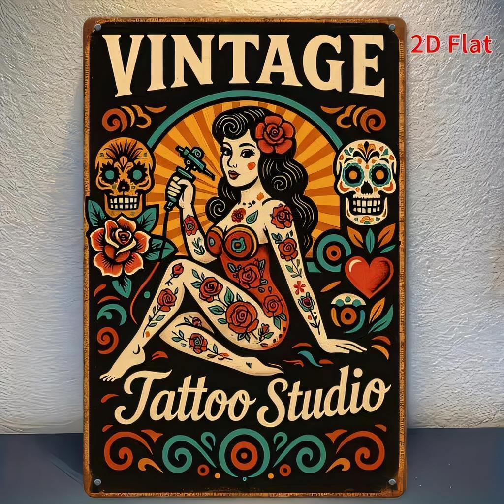 Vintage Tattoo Studio Tin Sign Retro Metal Poster Wall Art Sugar Skull Woman Rose Skeleton Tattoo Shop Plaque Halloween Pub