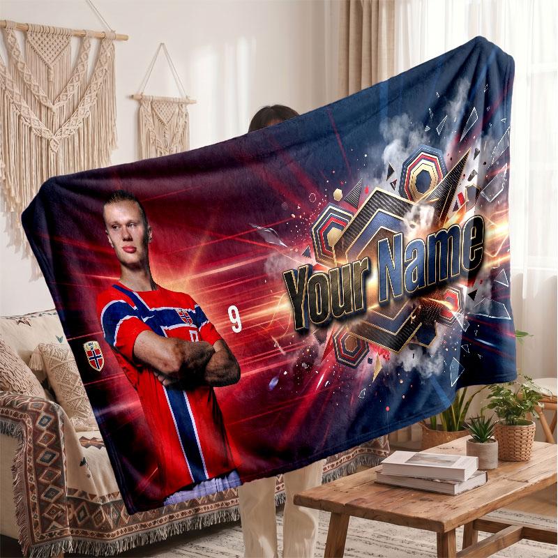 Erling Haaland Personalized Fleece Blanket With Football Logo, Custom Name Text Soft Warm Home Throw Blanket