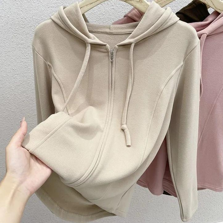 

Women s Slim Fit Short Hoodie Jacket Pure Color Zipper Spring Autumn Fashion Trendy Ins Style Casual Wear Outerwear Coat XS