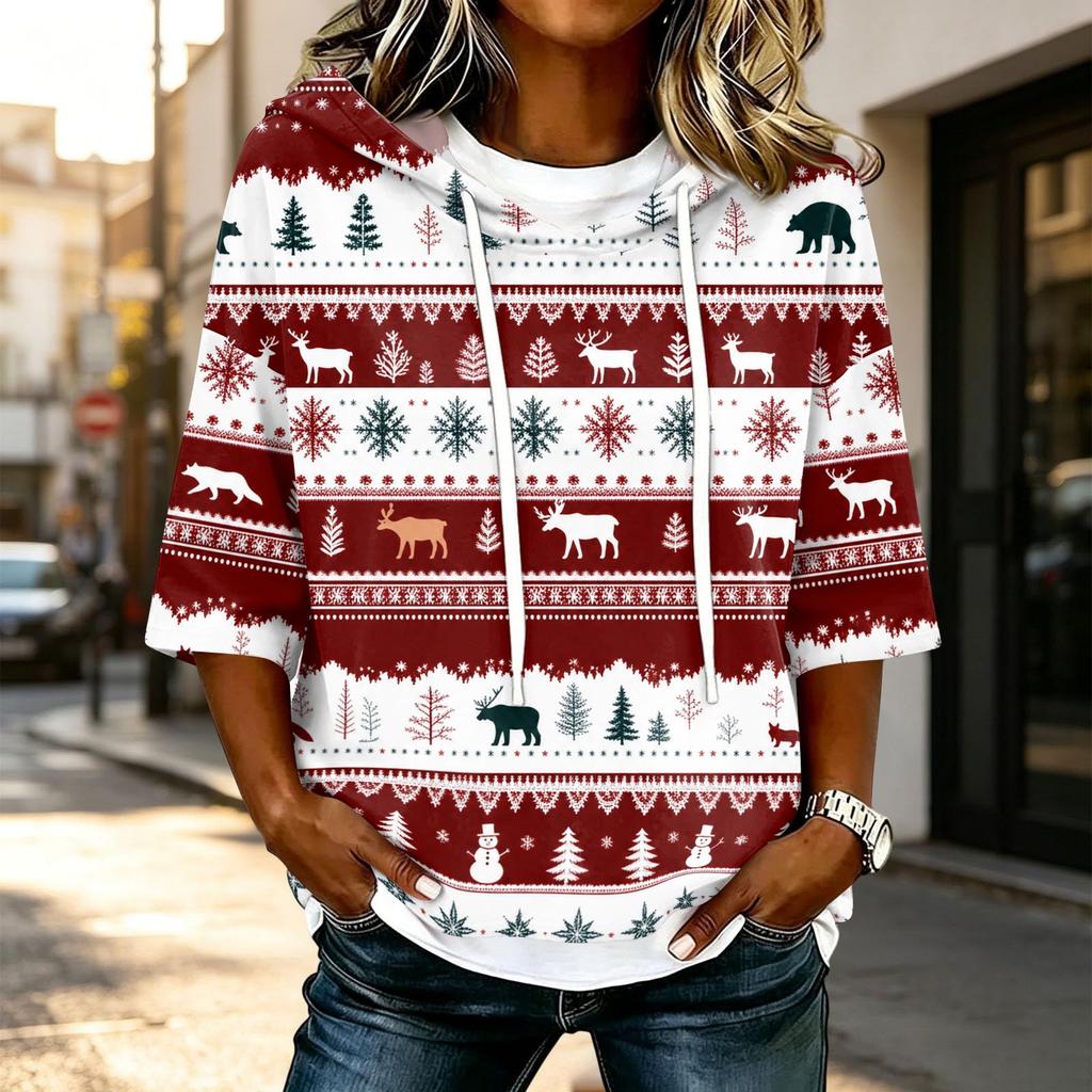 Women's Casual 3/4 Sleeve Hooded T-Shirt with Christmas Print