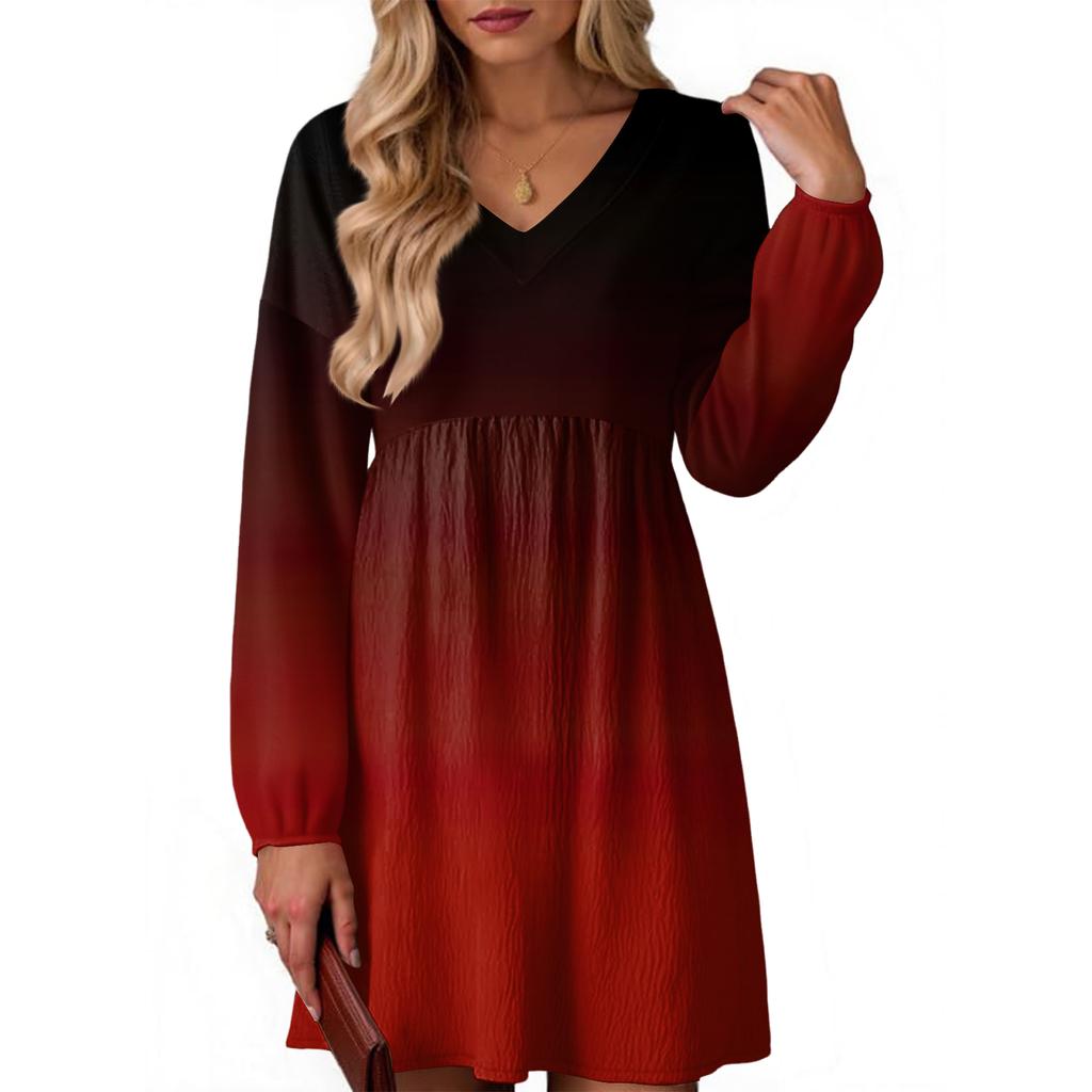 Women's Fashion Gradient V-Neck Long Sleeve Dress