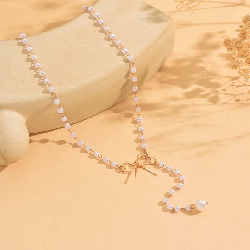 Vintage White Imitation Pearl Tassel Necklace for Women Fashion Gold Color Handmade Beaded Clavicle Chain Necklace Jewelry