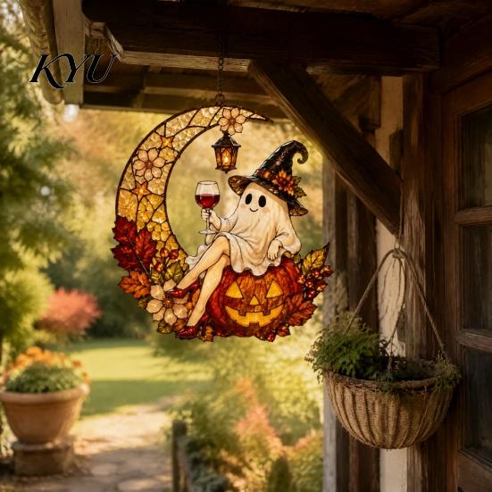 Acessórios Divertidos para Pátio 2D Lua Fantasma Abóbora Vitral Acrílico, Ornamento Pendurado para Janela de Halloween Exterior de Fazenda, Outono Ação de Graças