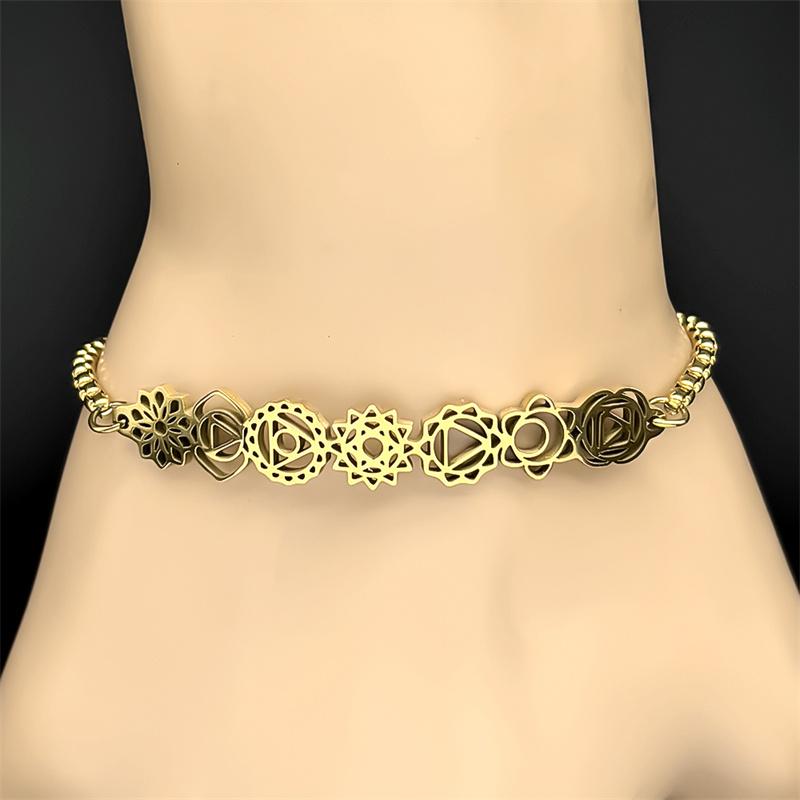 Indian Yoga 7 Chakra Flower Bracelet for Women Girls Stainless Steel Gold Color Hand Chain Reiki Healing Amulet Jewelry Gift