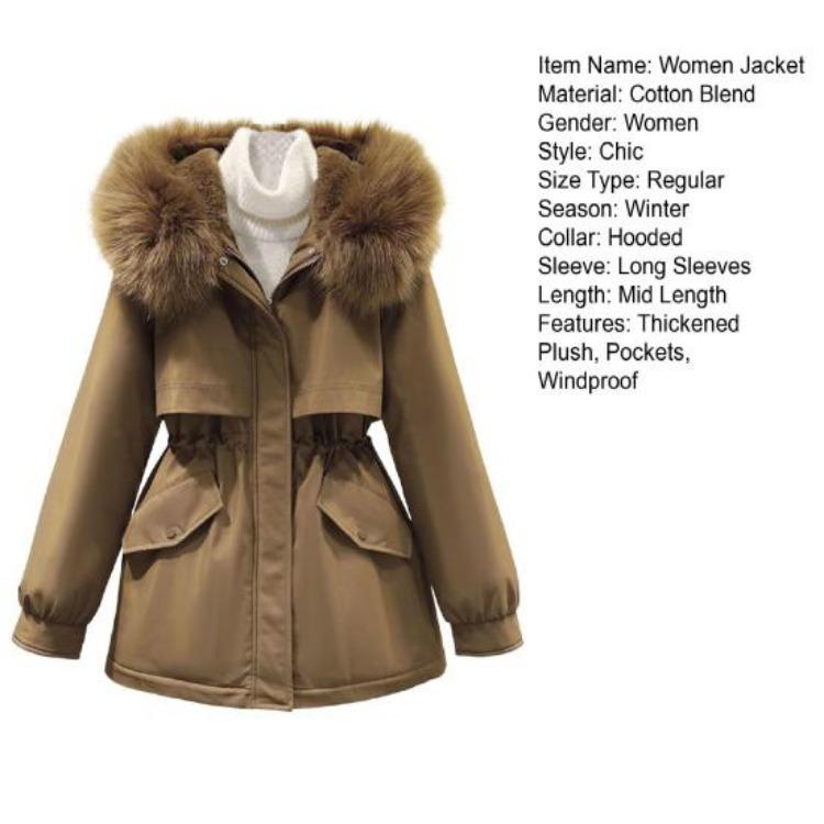 Winter Women Coat Furry Hood Thickened Plush Mid Length Jacket Long Sleeves Elastic Waist Windproof Pockets Zipper Closure