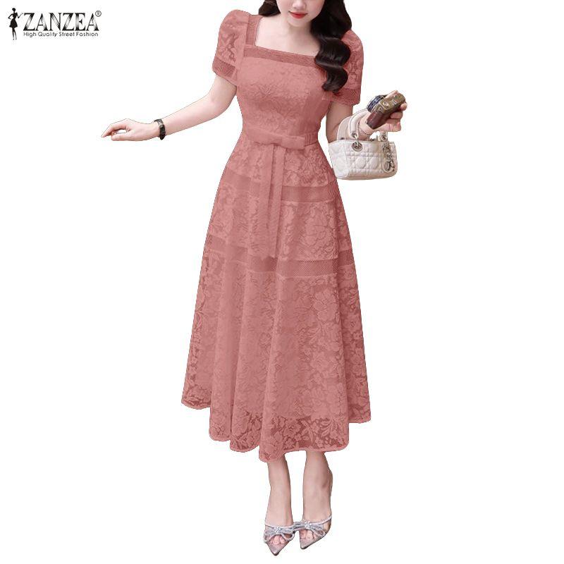 ZANZEA Women Casual Square Collar Summer Short Sleeve Lace Dress