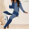 Women Plus Size Blue White Printed Half Zip Long Sleeve Longline Top And Fitted Pants Two Piece Set