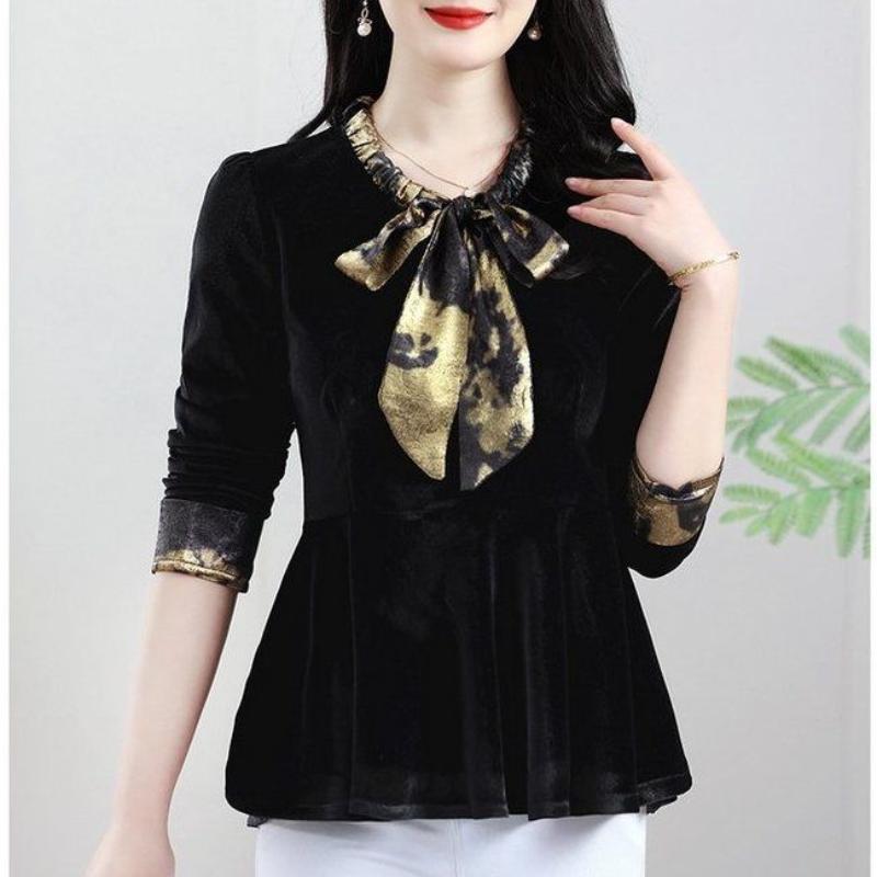 

Весна Новый Стиль Золотой Бархат Бант Топ Рубашка Стильная Сплайсинг Футболка с Длинным Рукавом Модная Базовая 5XL чёрный
