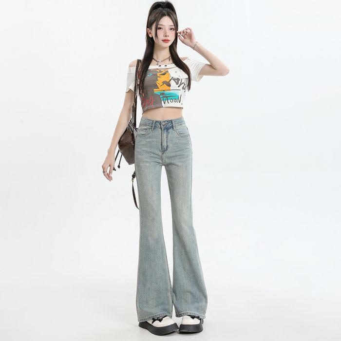 Spring Summer Light Tone Tencel Stretch Micro Flare Denim Pants For Ladies Casual Pants Oversize Denim Trousers XS
