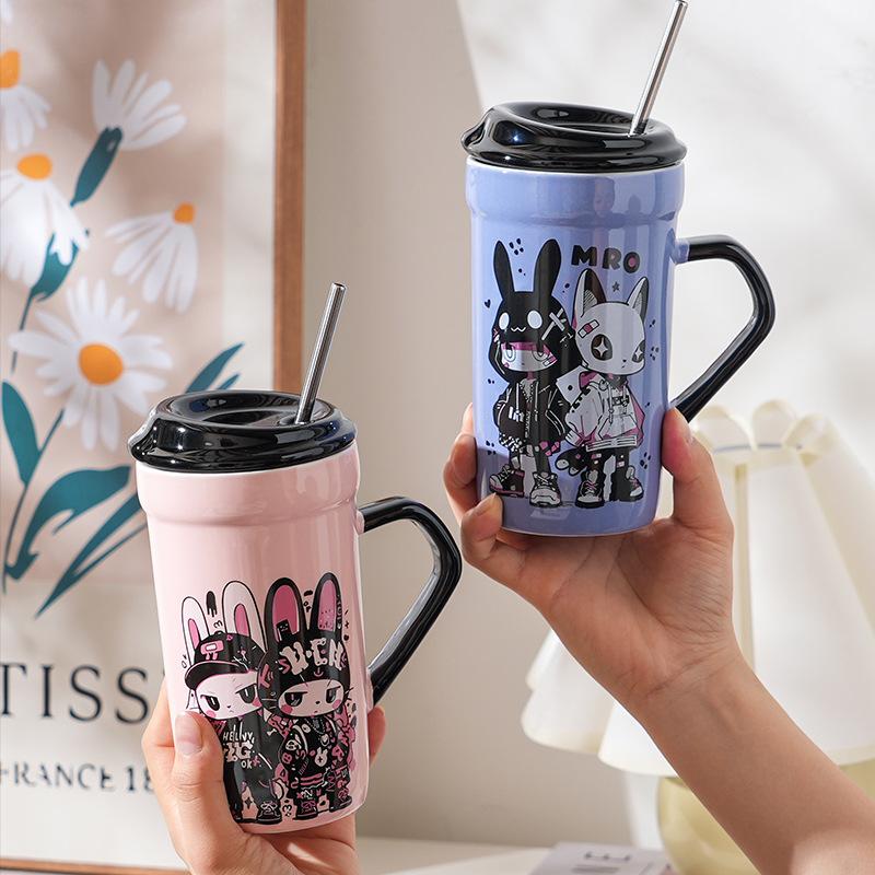 Cool Little Rabbit with Lid Spoon Ceramic Cup Cute High Value Mug Creative Personality Water Cup Girls Gift Cup