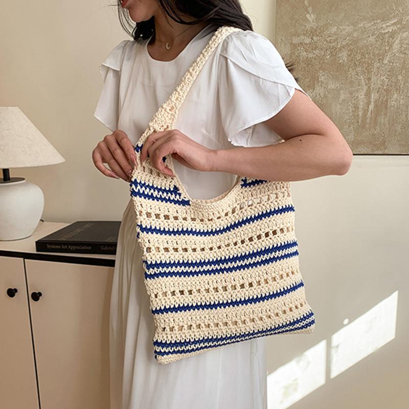 Chic Blue & White Striped Knit Crochet Shoulder Bag Versatile Large Capacity Hollow Out Casual Tote for Women Summer Beach Vacations AVE