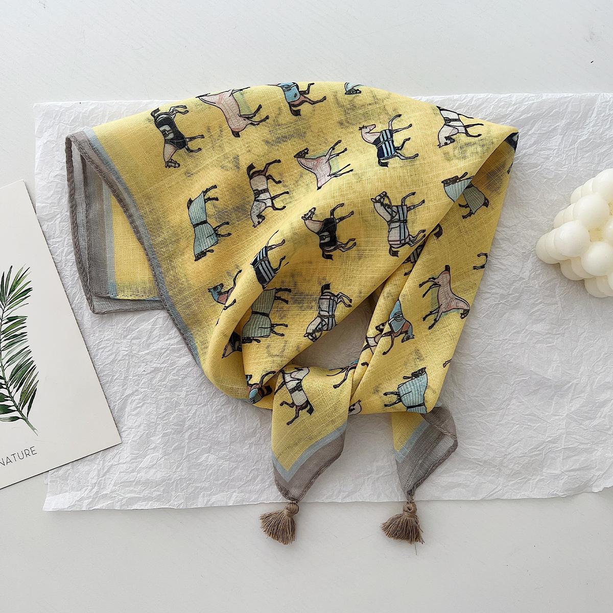 Korean Style Horse Pattern Cotton Linen Square Scarf Women Spring Summer Versatile Sunscreen Tassel Headscarf For Beach Decoration 5858cm