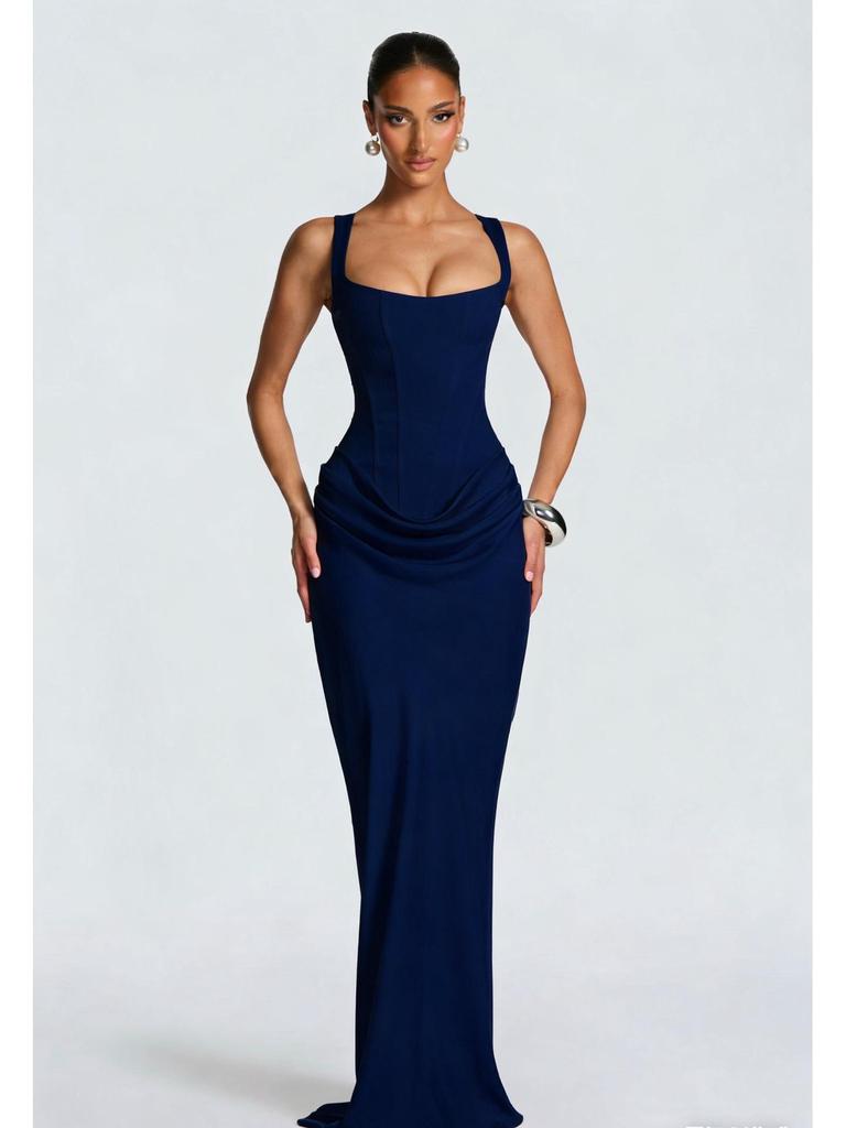 Women's Spring Slim Fishbone Strappy Long Dress - Solid Color Hip-Hugging Design