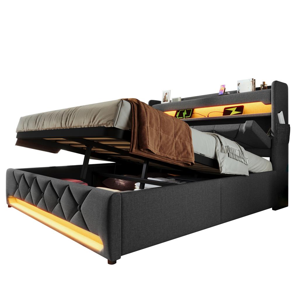 Upholstered Bed 140*190, Storage Headboard, USB Type C Port, 360 Surround LED Around Head and Foot End, Hydraulic Storage, Grey, Linen(No Mattress)