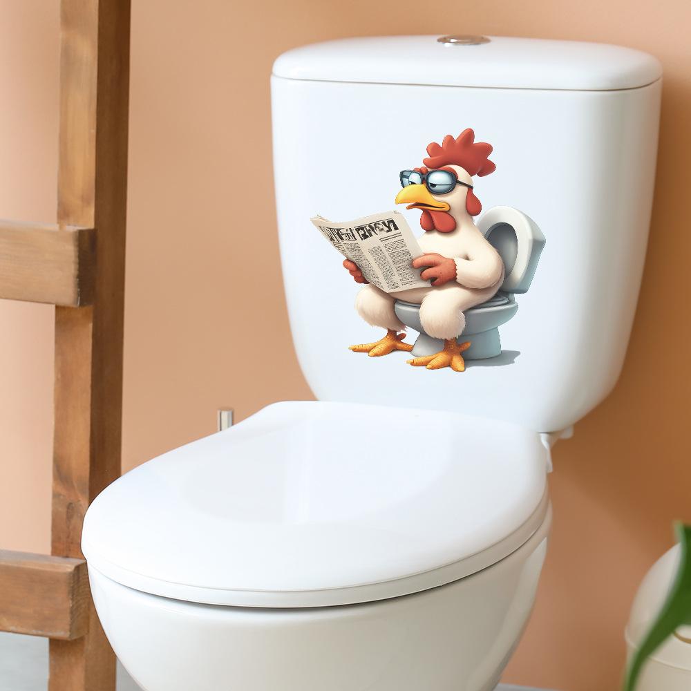 Cartoon Funny Reading Rooster Toilet Seat Sticker Bathroom Decor Humorous Removable Waterproof Decal