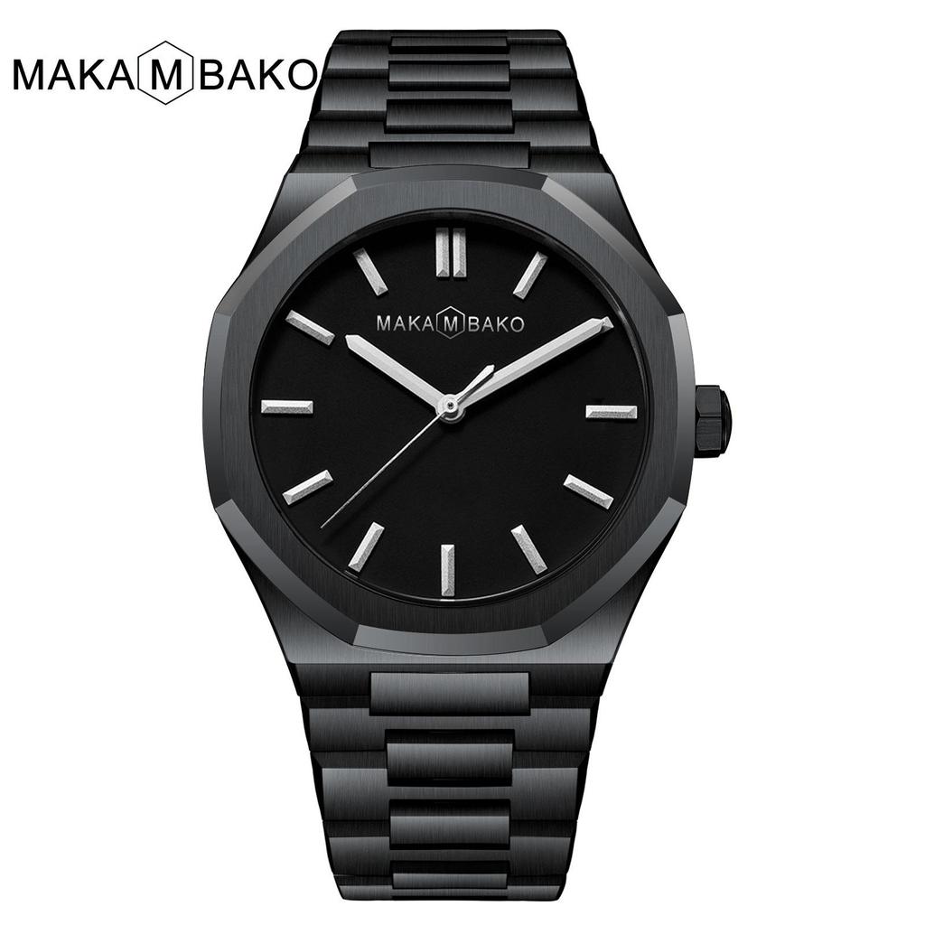 Hannah Martin Black Waterproof Watch with Japanese Miyota Movement and Polygonal Stainless Steel Bracelet.