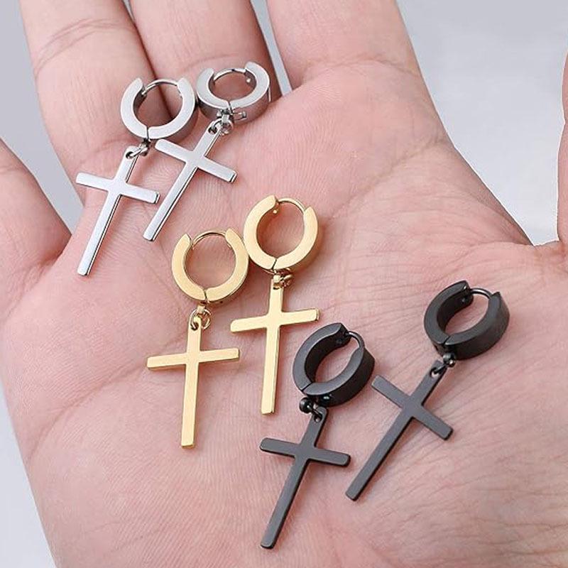 Korean Trendy Stud & Dangle Earrings Set: Dumbbell, Cross Pendants, Hip Hop Style