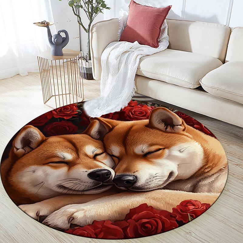 Shiba Inu and rose pattern round rug,Carpet Rug for Living Room Bedroom  Playroom ,Non-slip Floor Mat,Holiday Gifts and Birthday Gifts.