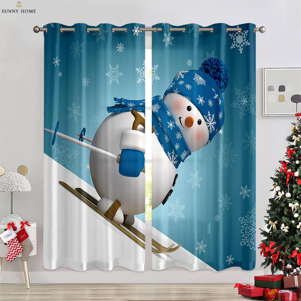 Snowflake Pattern Ball Christmas Holiday Tree 3D Pattern Print Window Curtains Bedroom Space Restaurant Christmas Holiday Gathering Decorative