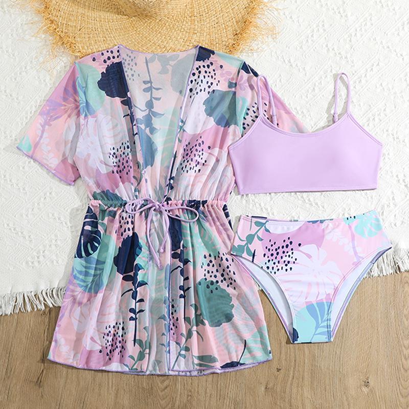 2025 European & American Fashion Girls' Three-Piece Swimsuit Set: Printed Bikini Swimwear