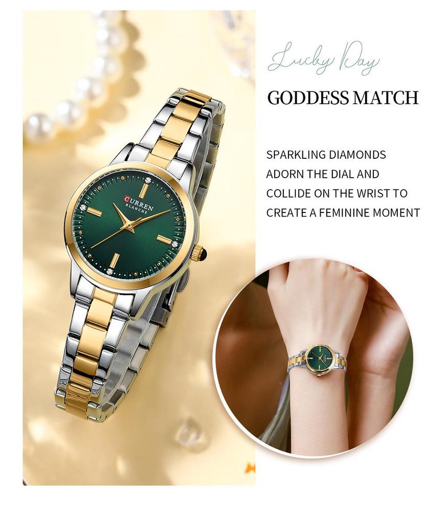 CURREN 9094 Women's Waterproof Quartz Watch: Stainless Steel Strap, Korean Style with Rhinestone Accents.