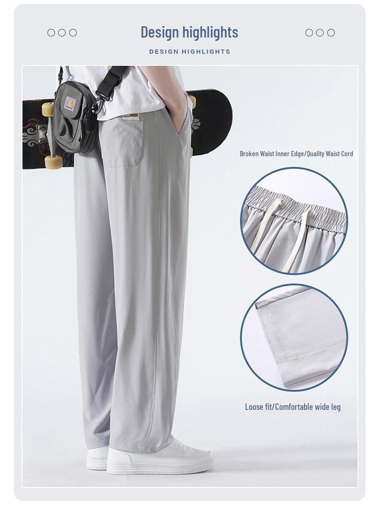 Men's Ice Silk Wide Leg Summer Pants - Loose, Draping, Micro Flare with Stretch for Casual Wear