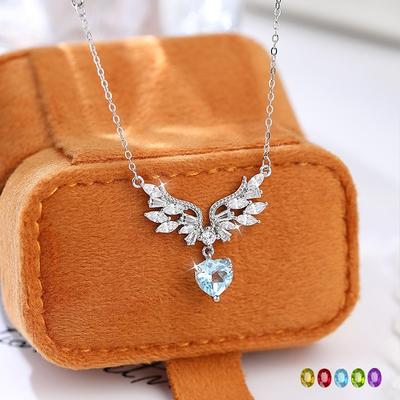 S925 Sterlingsilber Engelsflügel Halskette Koreanische Version Natürlicher Kristall Premium Anhänger Modische Einfache Schlüsselbein Kette Damenmode Geschenk