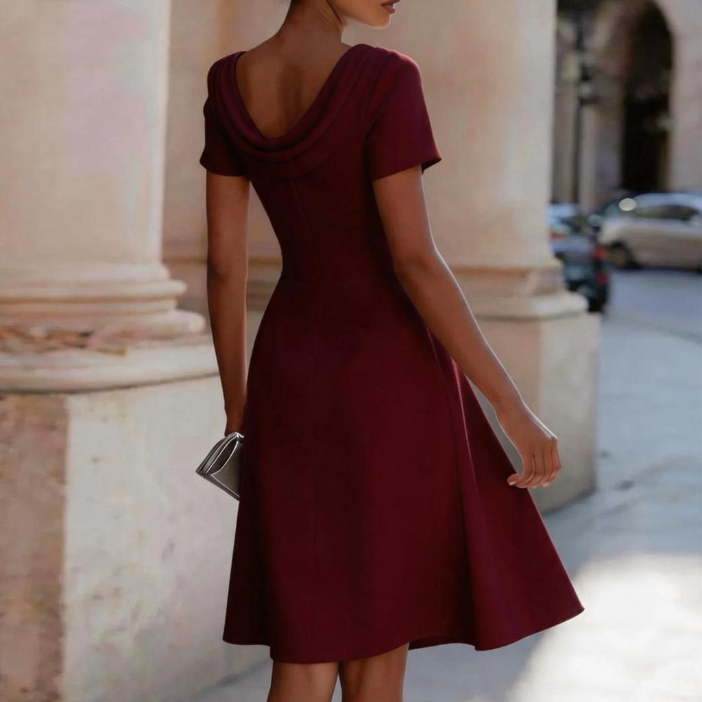 Women's Fashion Short Sleeve A-Line Dress with Draped Cowl Neck Elegant Casual Knee Length Dress for Daily Wear and Special Occasions