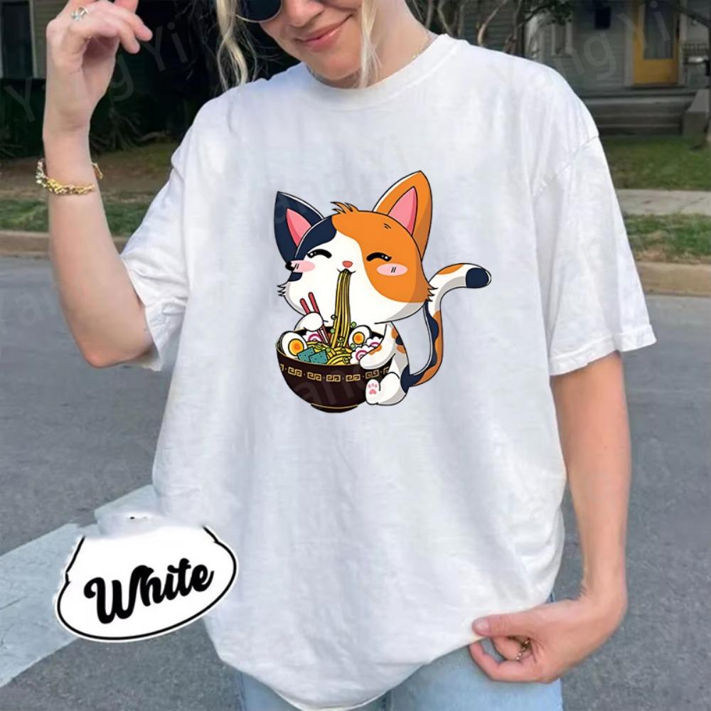 

Funny Q Version of Three Color Cat Eating Lamian Noodles Print T-Shirt Womans Man Casual Tops Summer Plus Size Tops Tees M