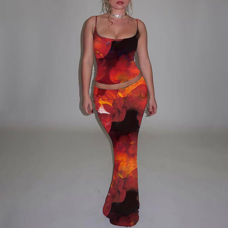 

European and American Women clothes 2025 Summer New Fashion Print Sexy Small Sling Slim fit Skirt sets Foreign Trade Red M