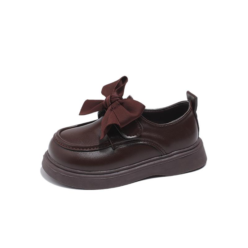Girls Fashion Leather Shoes 2-18 Years Old Brown Bow Girls Walking Shoes Beige Hundred with Non-slip Children Baby Single Shoes