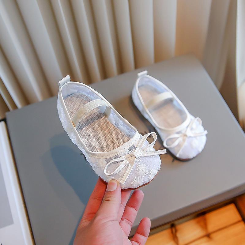 

Туфли принцессы в западном стиле, сетчатые детские туфли для девочки, осенние новые кожаные туфли для девочки с перфорацией, детские балетки с бантом 28insole17.2cm бежевый