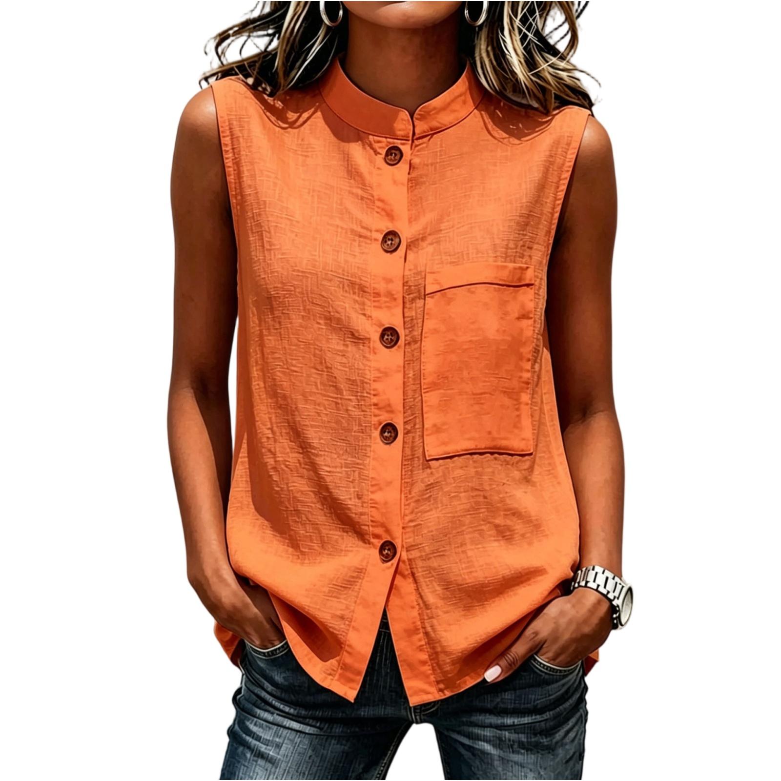 

Ladies Casual And Fashionable Stand Up Collar Sleeveless Shirt With Button Pocket Top L оранжевый