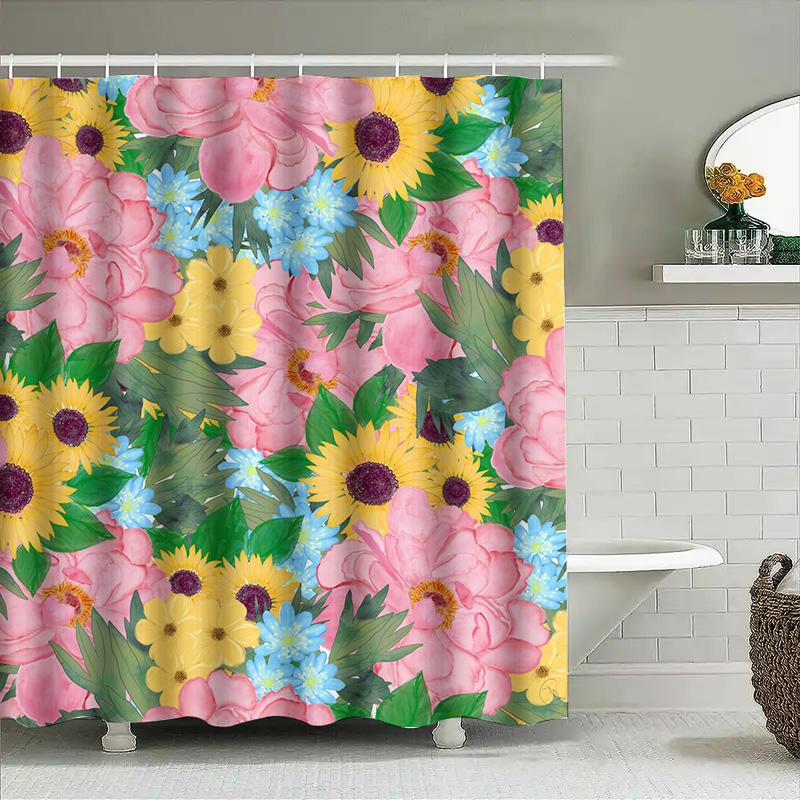 Bright Floral Waterproof Bathroom Shower Curtain Decor Set With Sunflowers, Pink Peonies And Bluebells Home Accents For A Sunny
