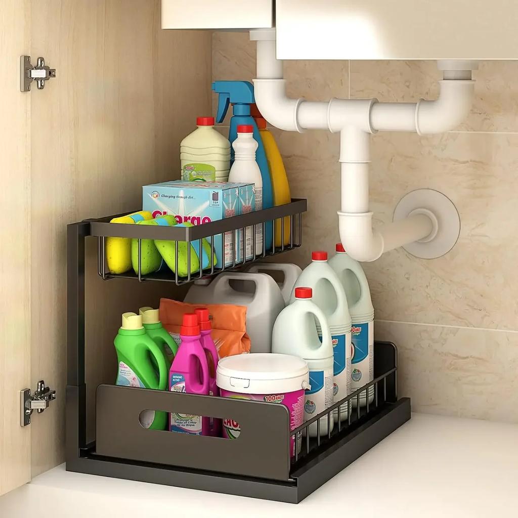 Under Sink Organizers and Storage,with Sliding Drawer 2 Tier Multi-purpose Bathroom Shelf Organizer for Kitchen Bathroom Storage