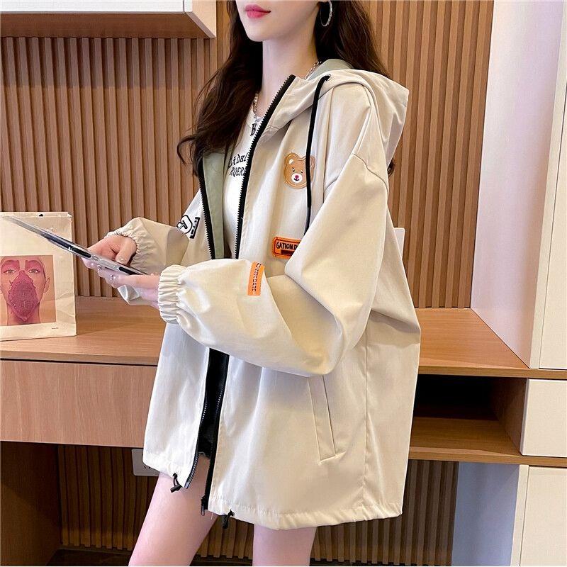 Herbst und Winter Damen Kapuzenjacke Olivgrün Mantel Niedliche Bärenstickerei Locker Lässige Oberbekleidung