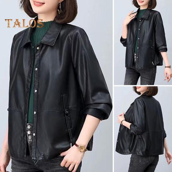 Damenjacke Kunstleder Glatte Oberfläche Umlegekragen Einreihig Taschen Lange Ärmel Retro Motorradmantel Übergröße Reiseoberbekleidung