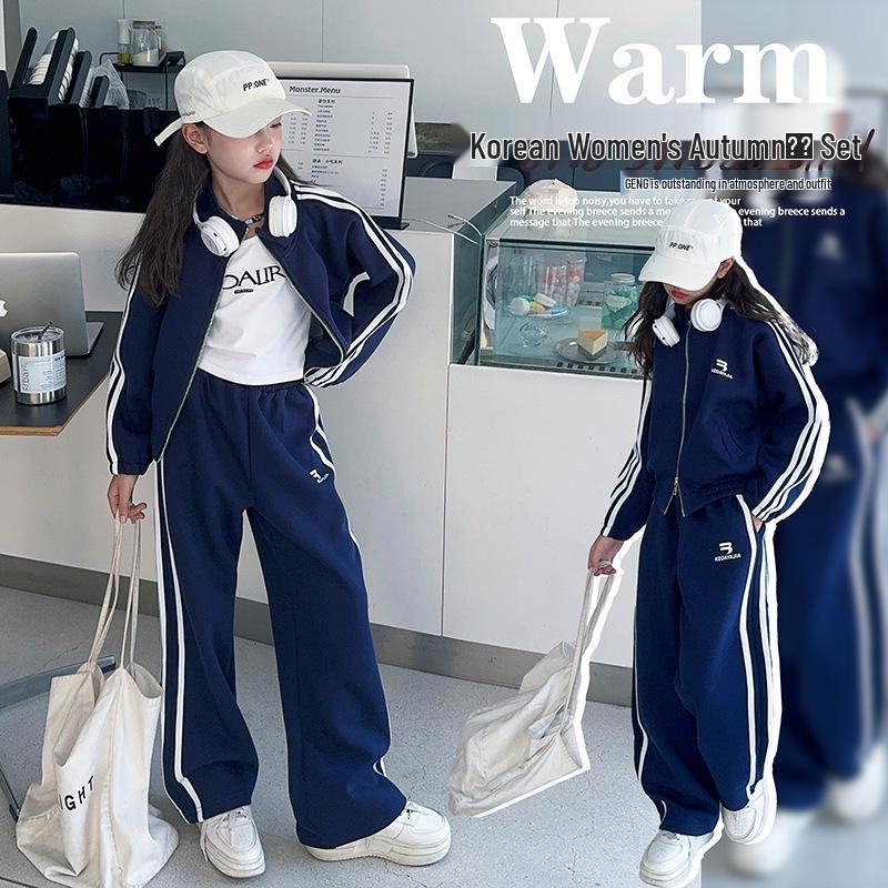 

Модный спортивный комплект для девочек в корейском стиле 2025 – Осенне-весенний костюм-двойка для детей среднего и старшего возраста 120 cm темно-синий