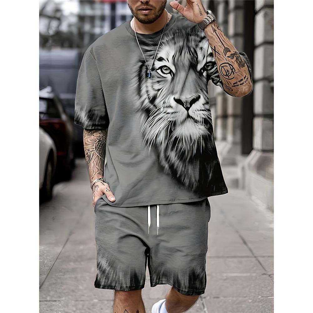 Fashionable and Comfortable Lion Print Short Sleeve T-Shirt and Shorts Set, Loose Summer Men's Two-Piece Outfit