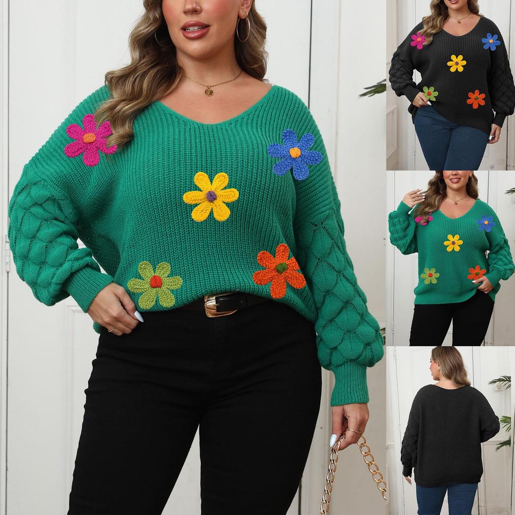 Plus Size Women's Sweater with Pineapple Sleeves and Deep V Bottoming Shirt Three-dimensional Wool Embroidery Flower Patchwork Pullover Top