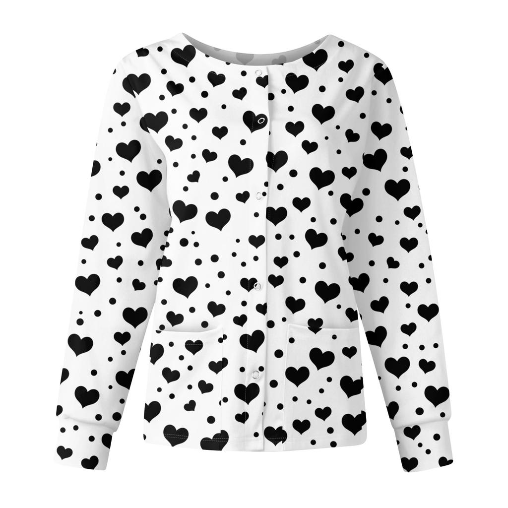 Women's Casual Fashion Long Sleeve Standing Collar Single Breasted Valentine's Day Print Workwear Jacket Tops